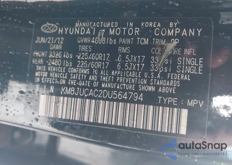 2013 Hyundai Tucson Gls из США, поврежденный, VIN KM8JUCAC2DU564794